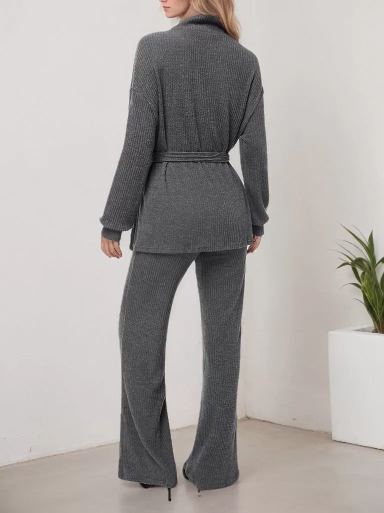 Solid High Neck Belt Sweater & Solid Pants, 2 of 5
