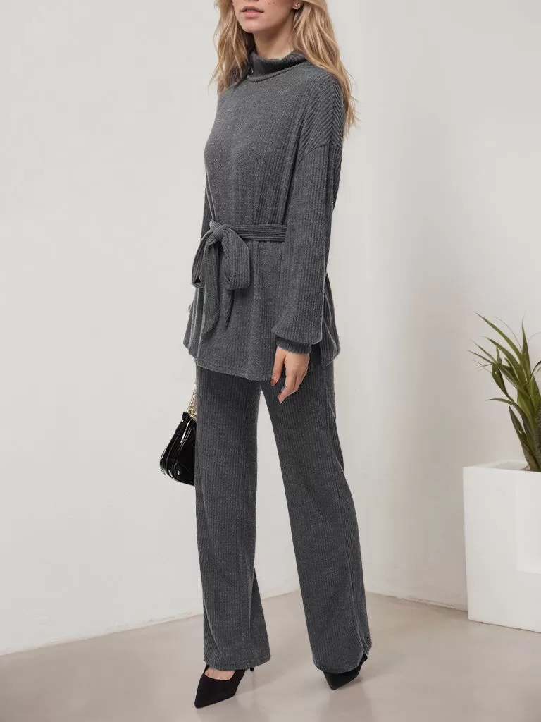 Solid High Neck Belt Sweater & Solid Pants, 3 of 5