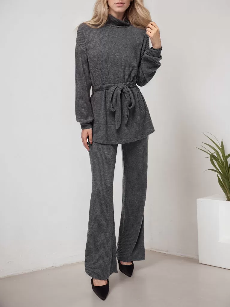 Solid High Neck Belt Sweater & Solid Pants, 4 of 5