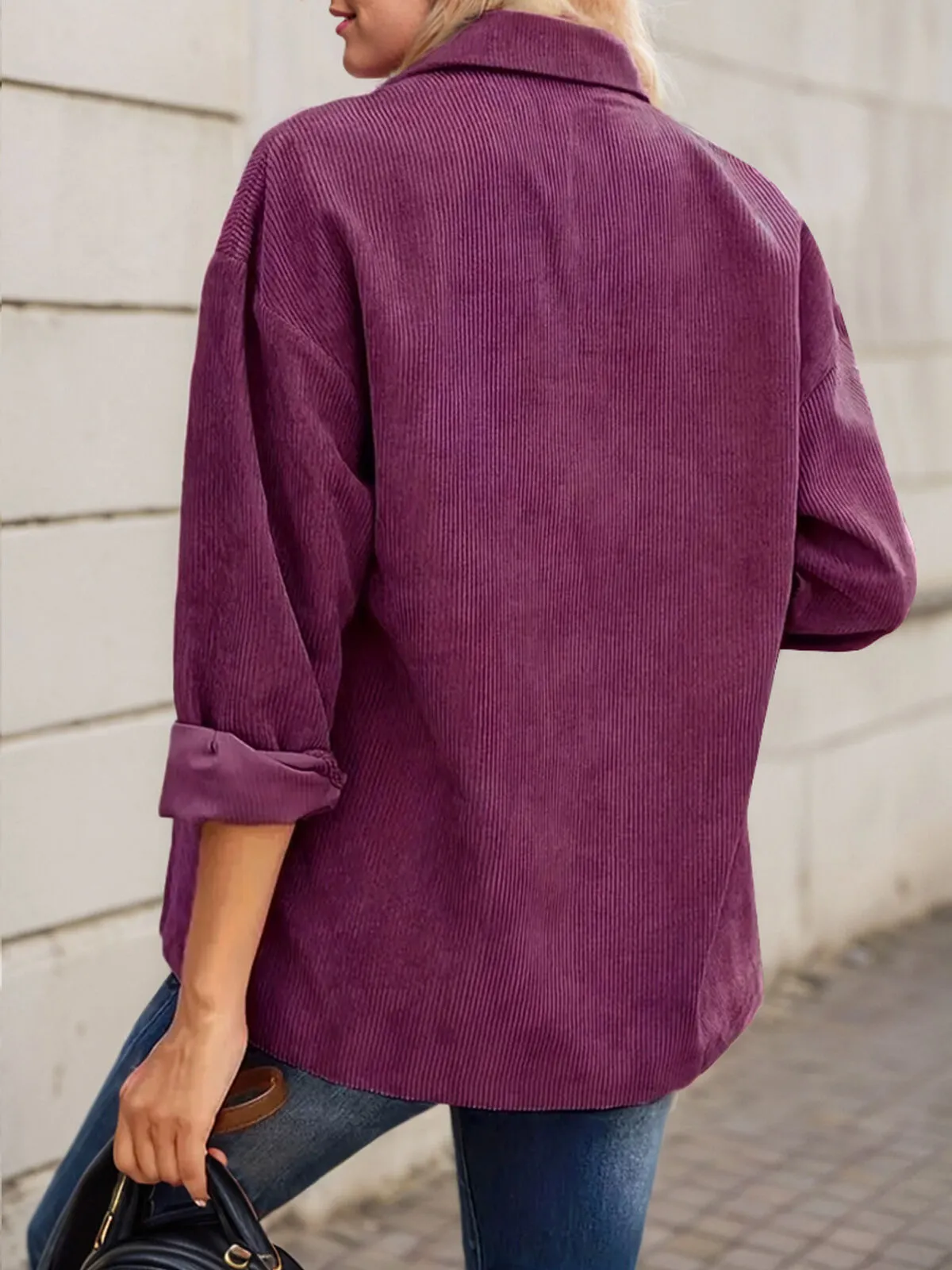 Solid Button Lapel Corduroy Regular Blouse, 2 of 4