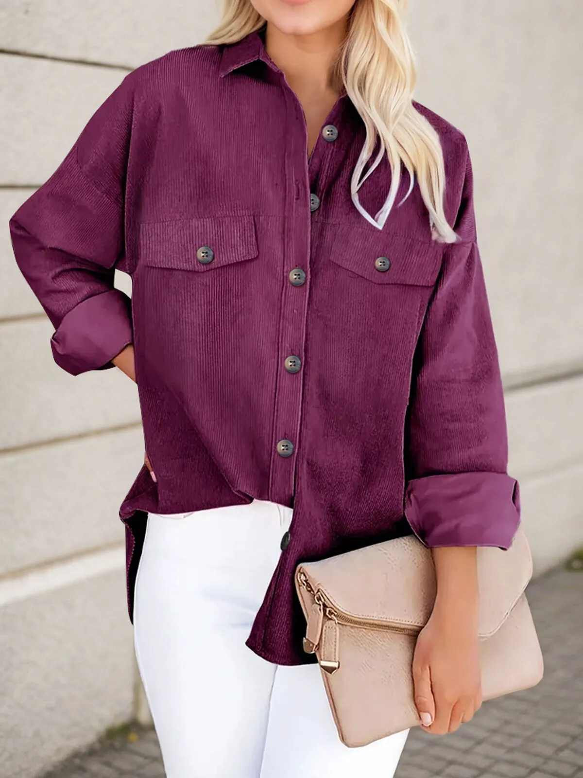 Solid Button Lapel Corduroy Regular Blouse, 3 of 4