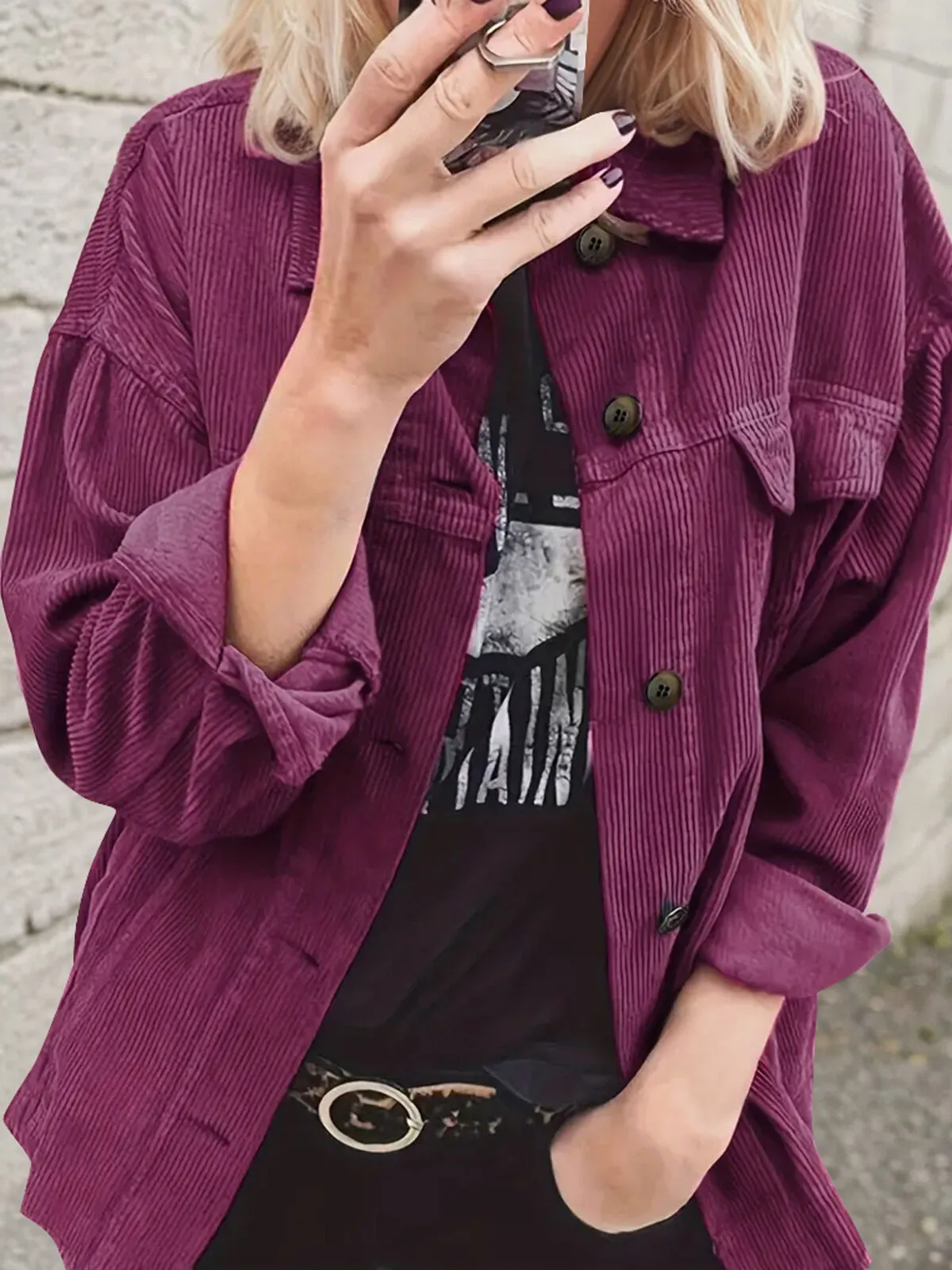 Solid Button Lapel Corduroy Regular Blouse, 4 of 4