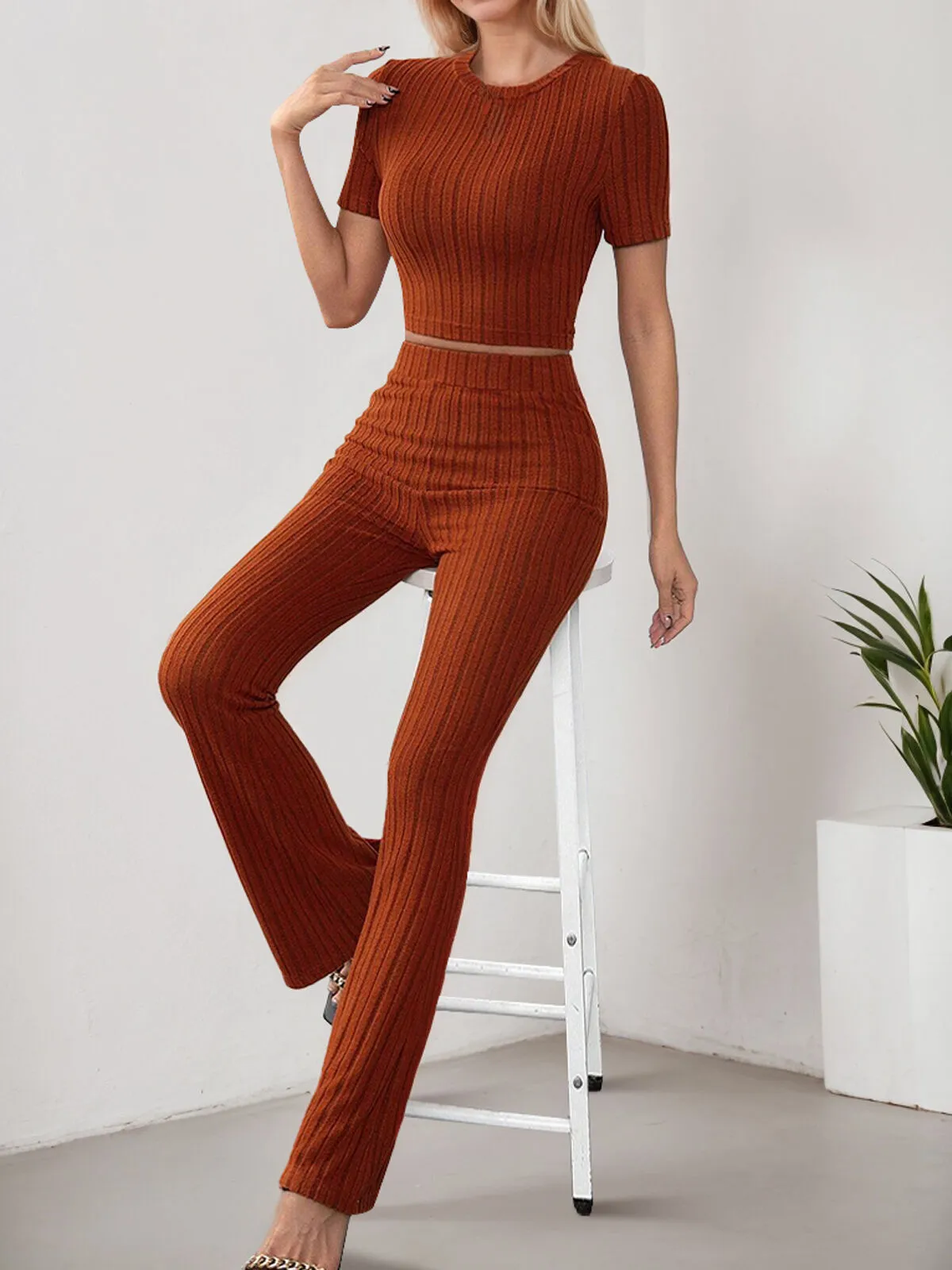 Solid Round Neck Crop Top & Solid Pants, 5 of 6