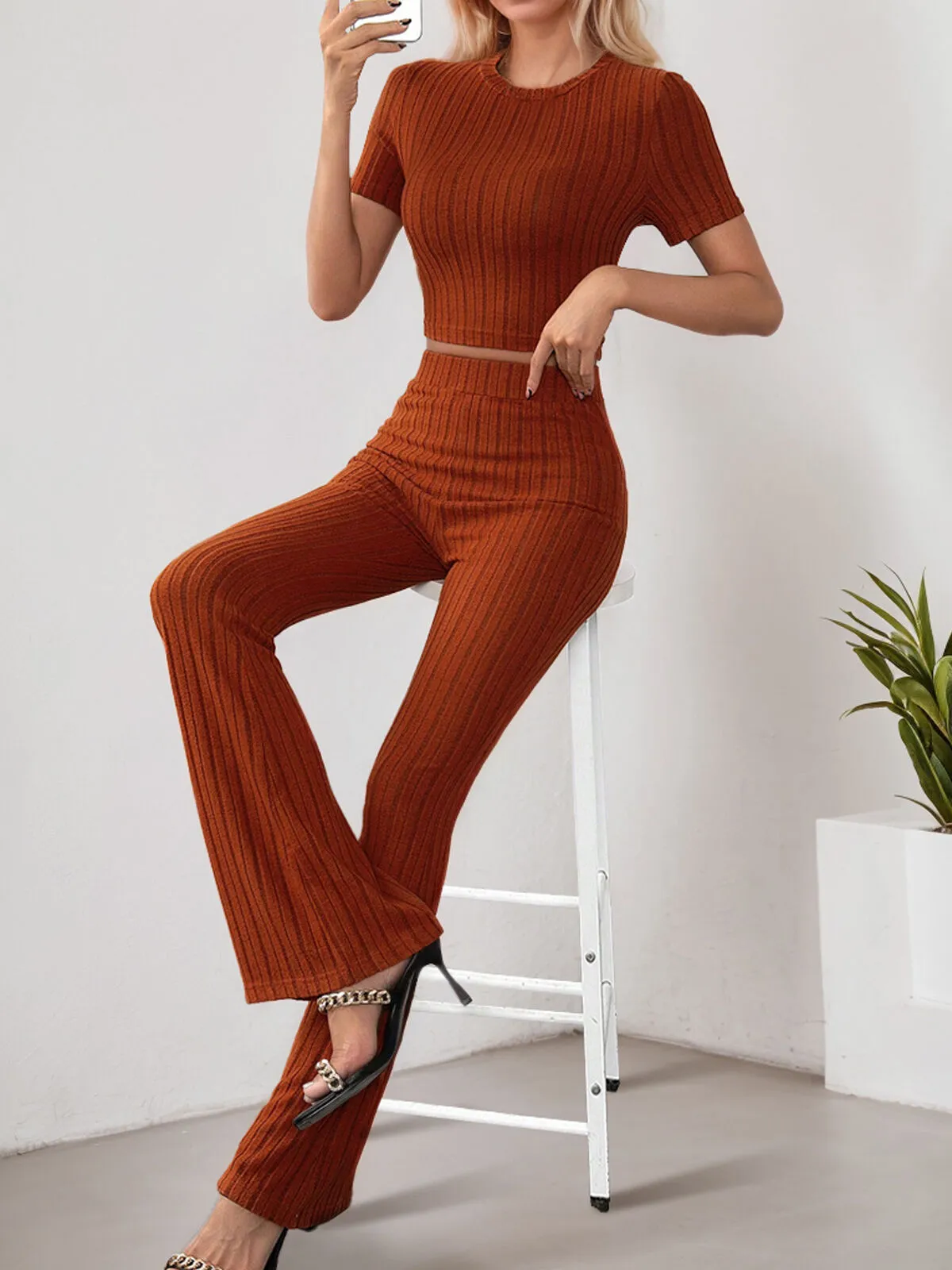 Solid Round Neck Crop Top & Solid Pants, 6 of 6