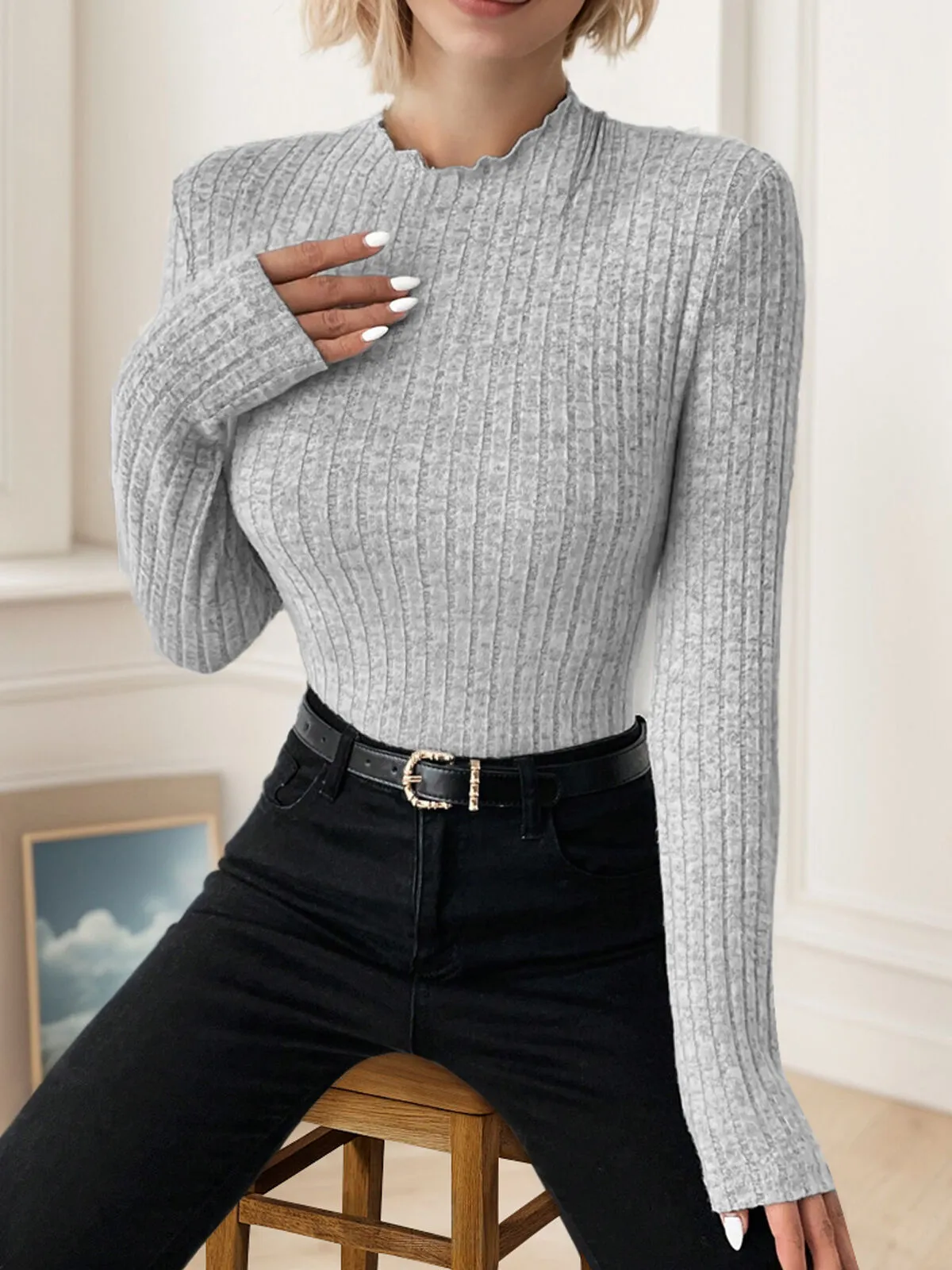 Solid Round Neck Regular Blouse, 4 of 10