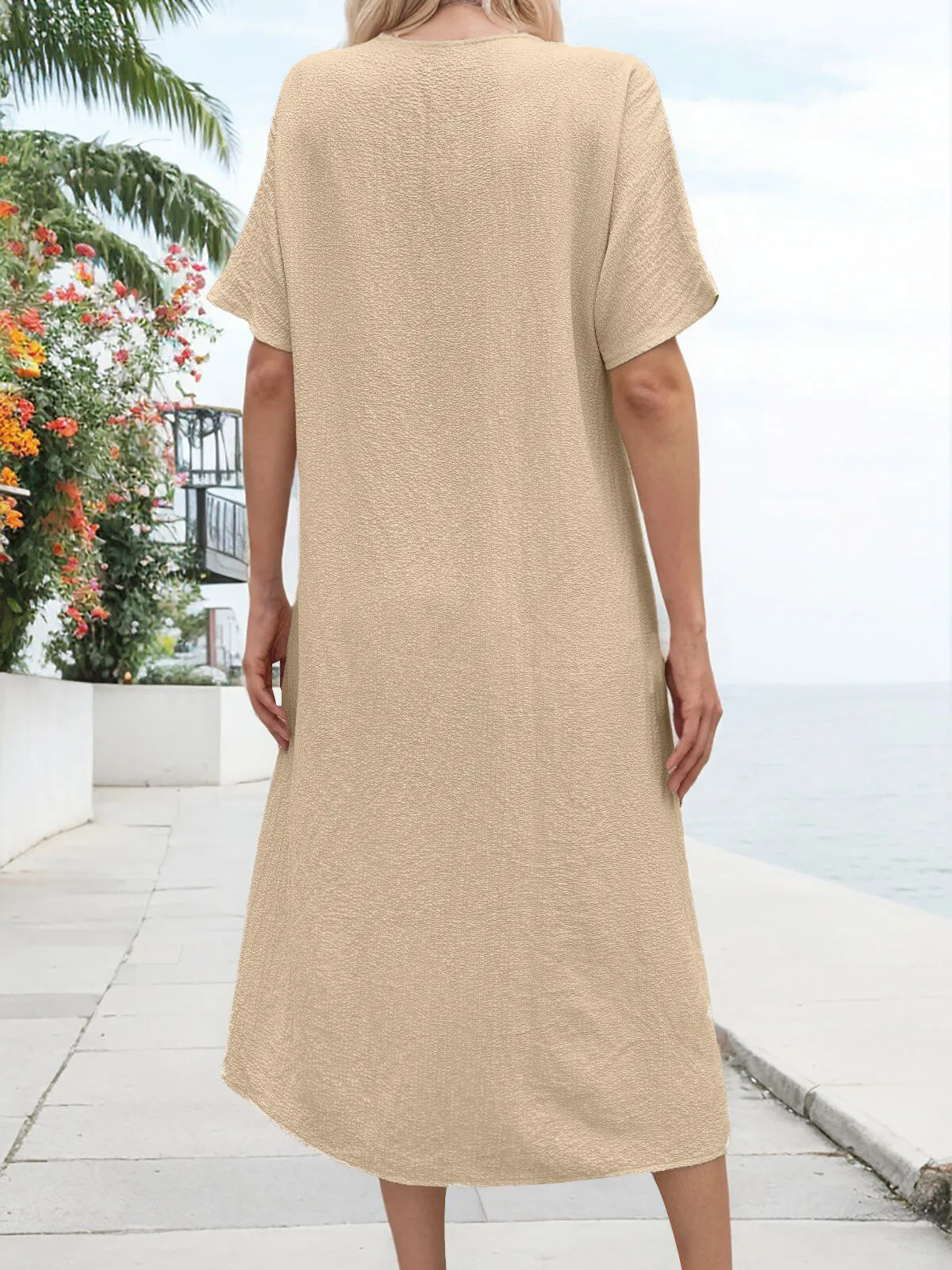 Solid 3D Round Neck Regular Sleeve Shift Dress, 2 of 5