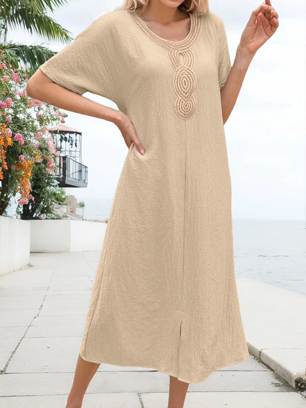 Solid 3D Round Neck Regular Sleeve Shift Dress, 3 of 5