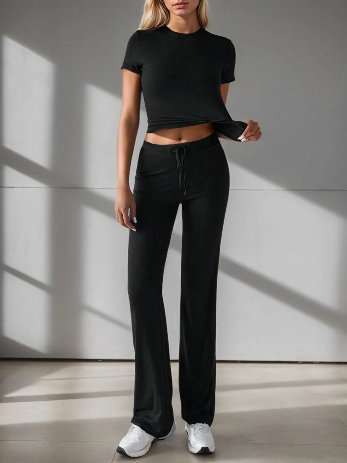 Solid Round Neck Casual Daily T-shirt & Solid Straight Leg Pants, 3 of 7