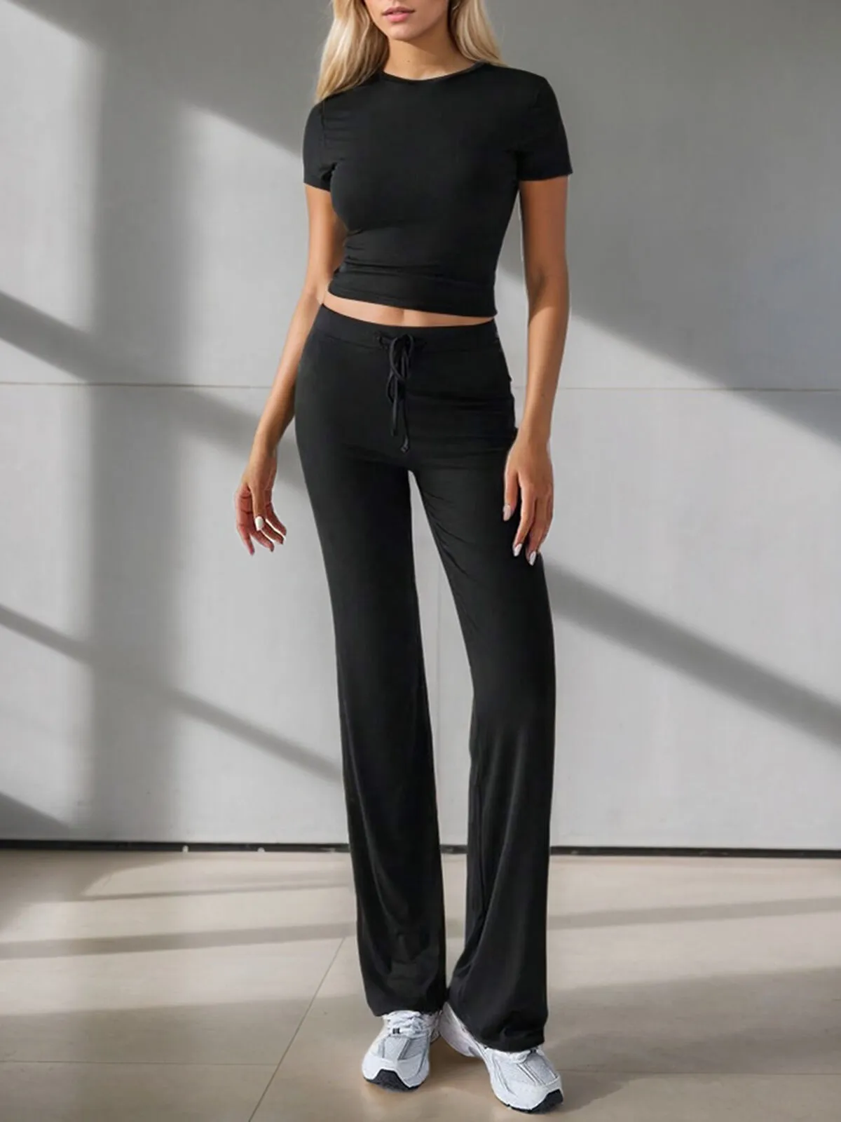 Solid Round Neck Casual Daily T-shirt & Solid Straight Leg Pants, 4 of 7