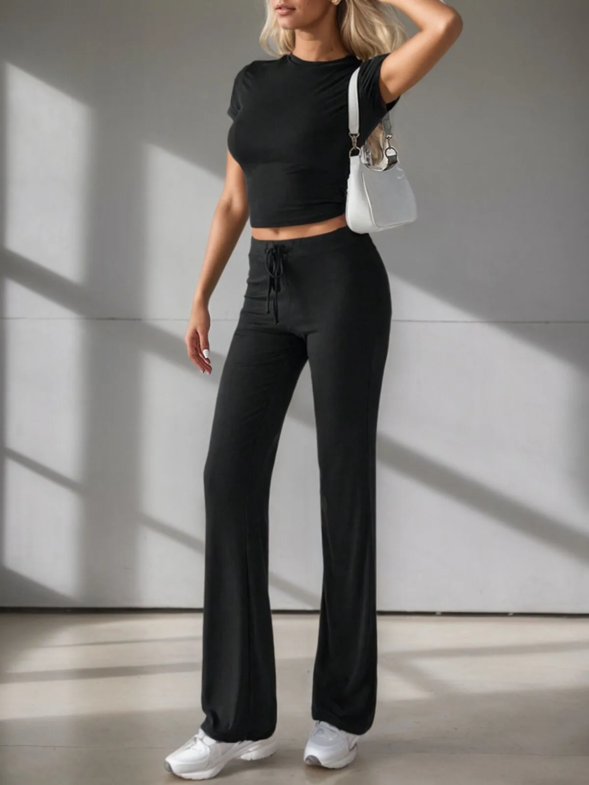 Solid Round Neck Casual Daily T-shirt & Solid Straight Leg Pants, 5 of 7