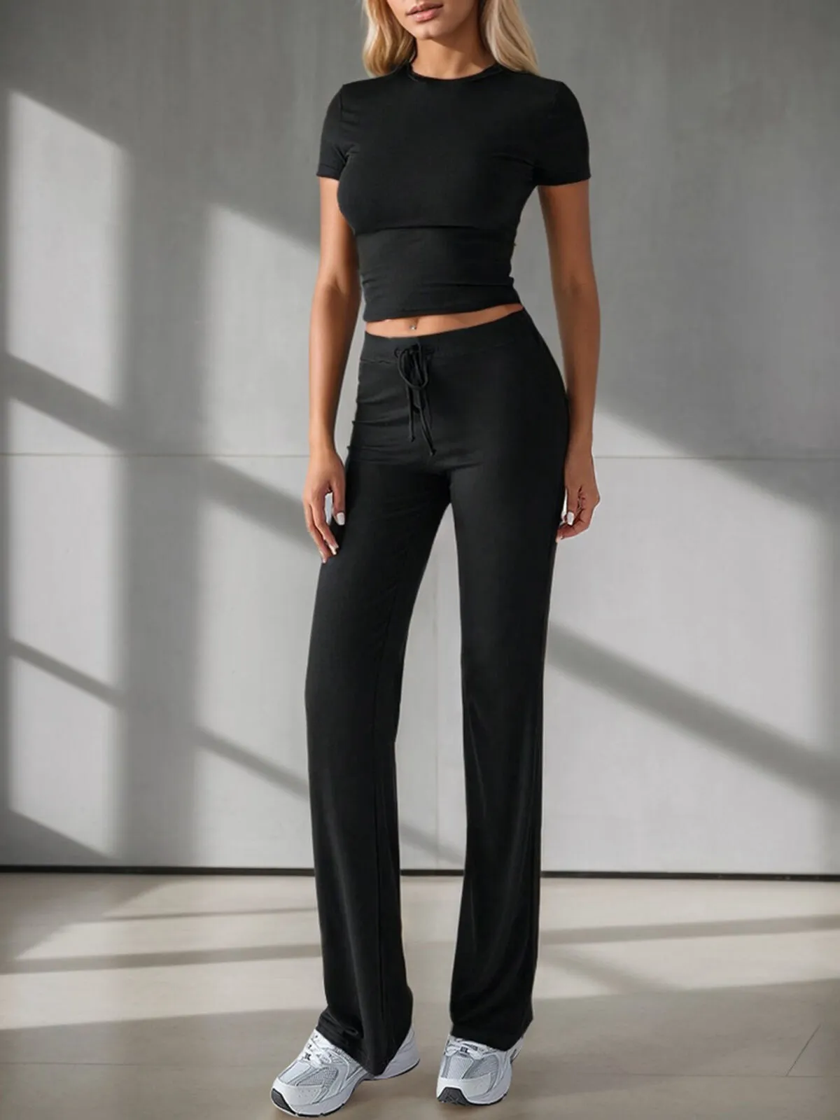 Solid Round Neck Casual Daily T-shirt & Solid Straight Leg Pants, 7 of 7