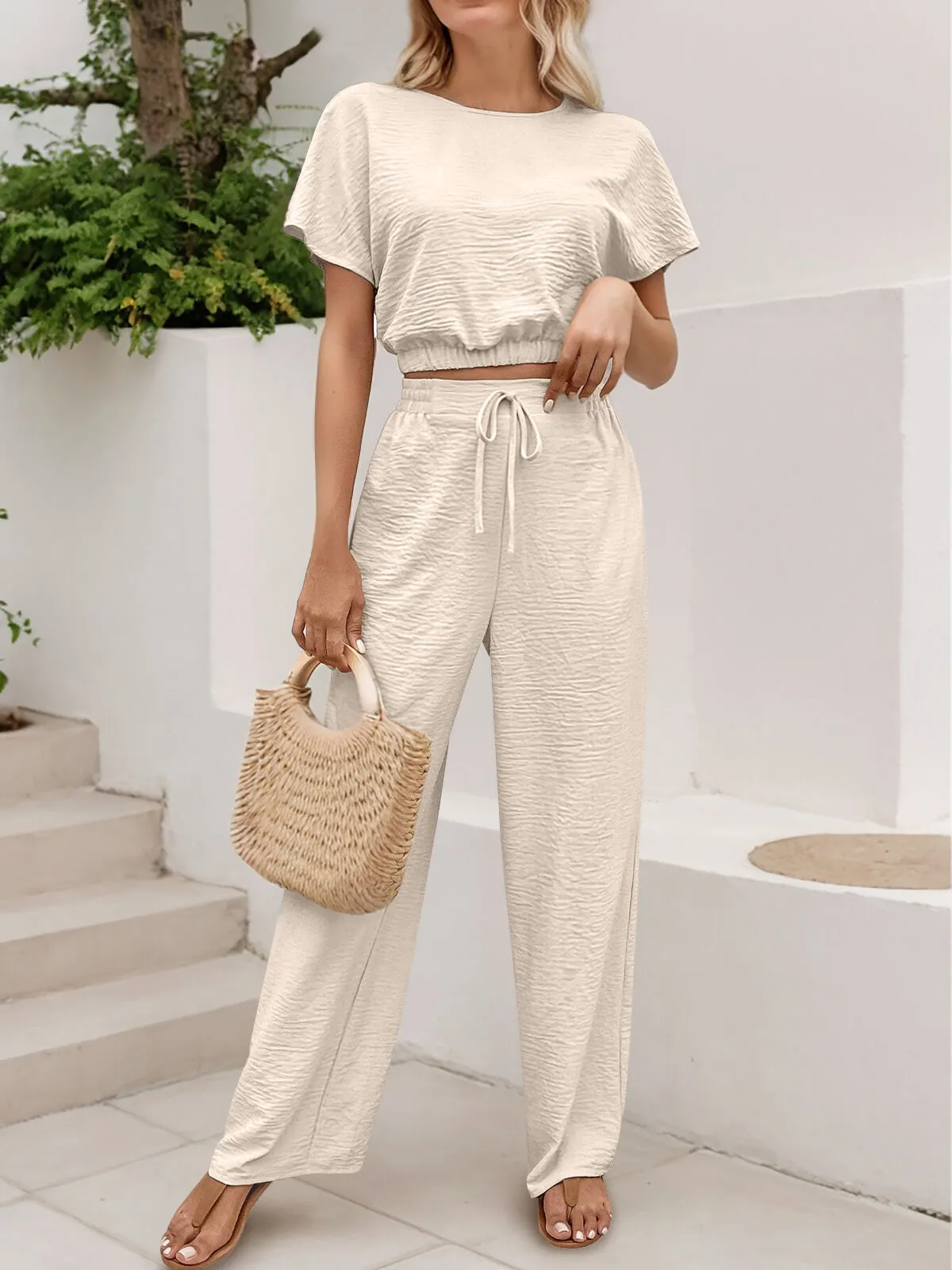 Solid Butterfly Sleeve Short T-shirtI & Solid Palazzo Pants, 3 of 5