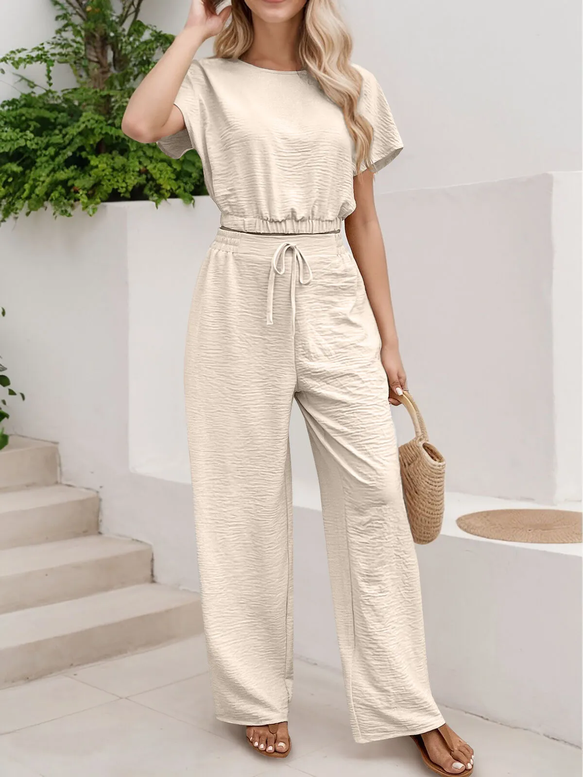 Solid Butterfly Sleeve Short T-shirtI & Solid Palazzo Pants, 4 of 5