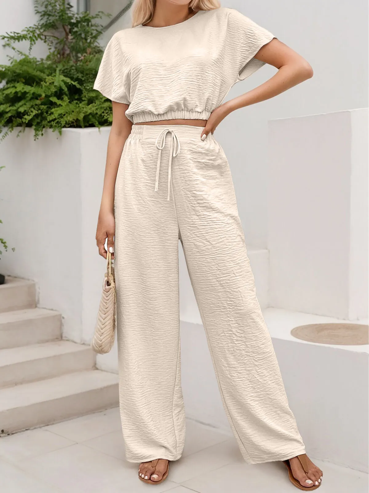 Solid Butterfly Sleeve Short T-shirtI & Solid Palazzo Pants, 5 of 5