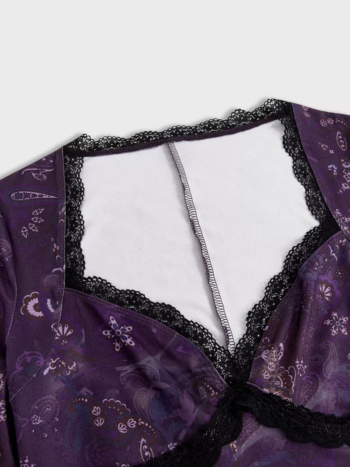 Ditsy Floral Lace Sweetheart Neck Flare Long Sleeve Short A-line Dress, 3 of 4