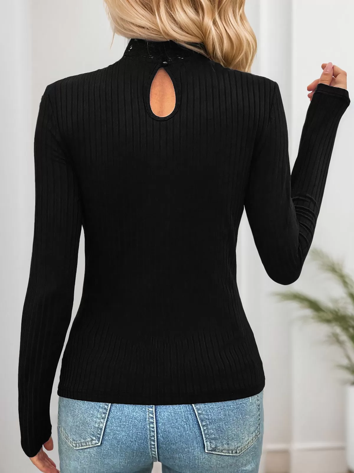 Solid Lace High Neck Mock Top, 2 of 6