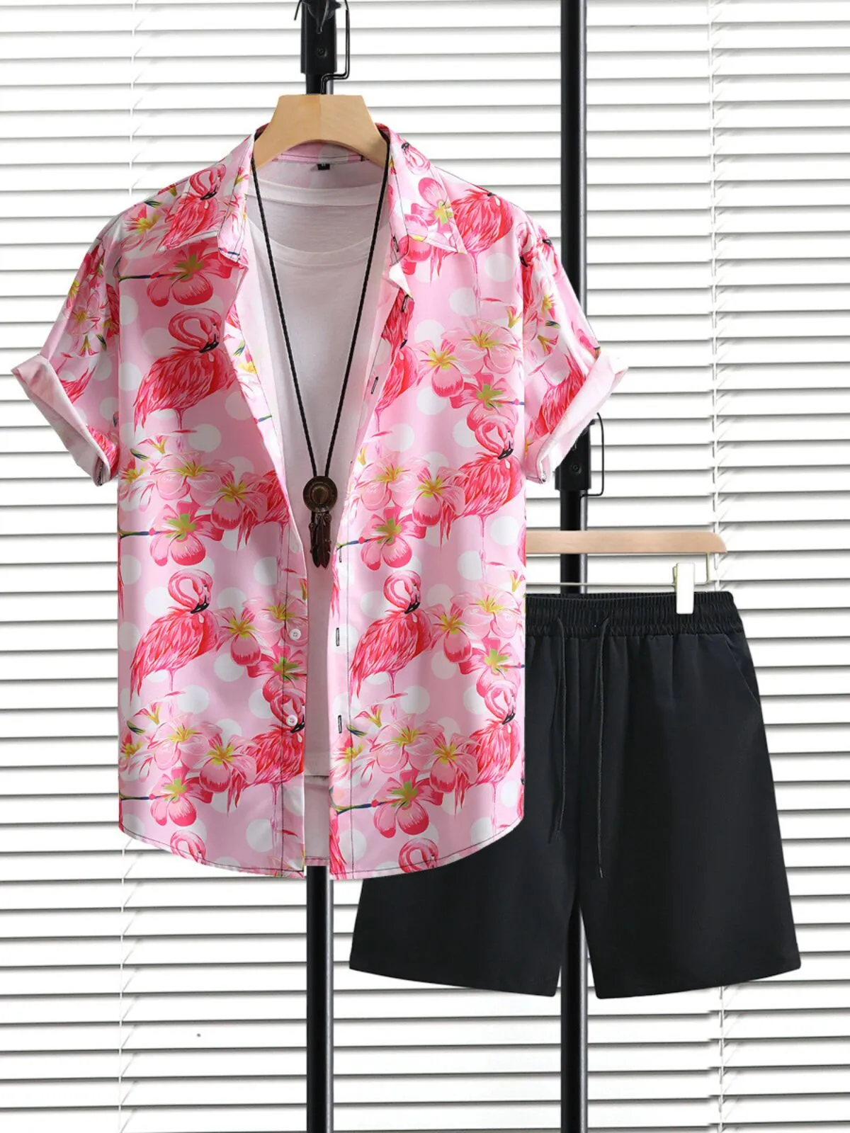 Men Flamingo Floral Vacation Shirts & Solid Shorts, 1 of 8