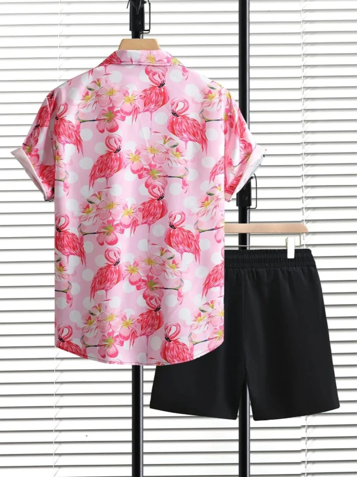 Men Flamingo Floral Vacation Shirts & Solid Shorts, 2 of 8