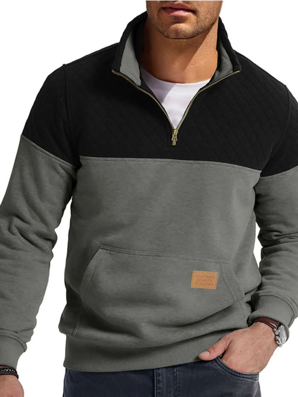 Colorblock Stand Collar Quarter Zip Sweatshirt, 1 of 5
