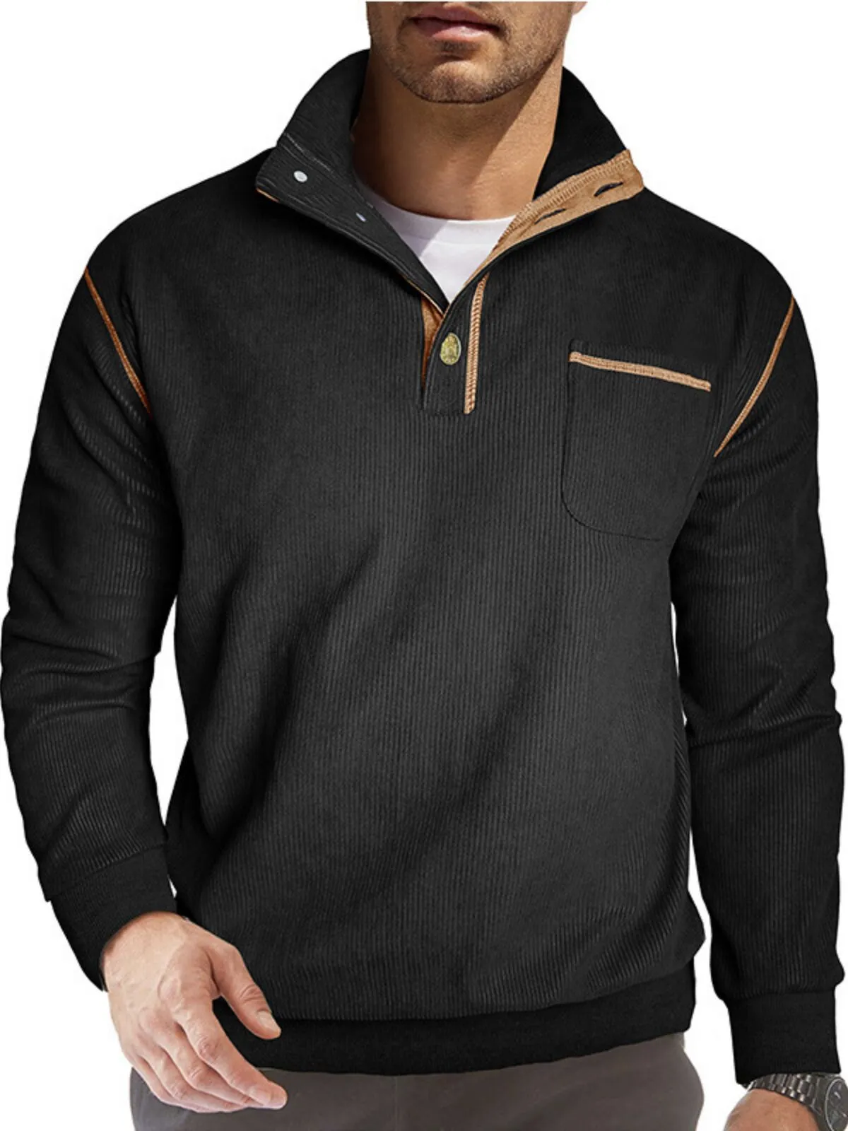 Causal Solid Stand Collar Corduroy Sweatshirt, 1 of 5