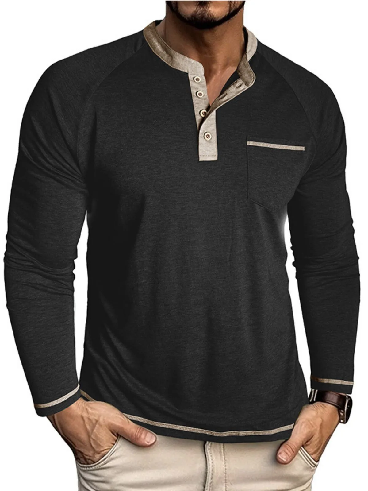 Solid Round Neck Pocket Casual Pullover T-shirt, 1 of 4