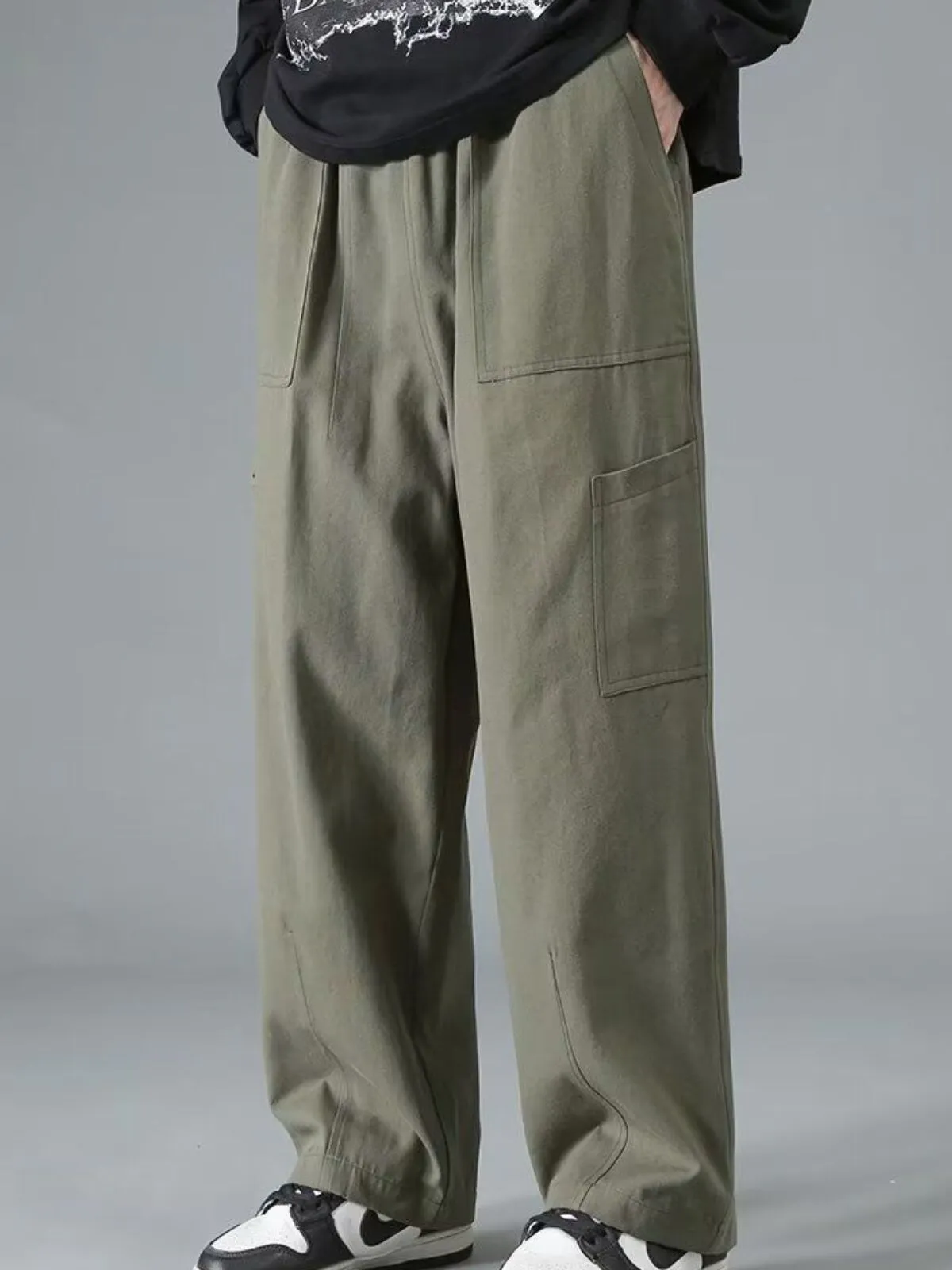 Men's Cargo Pants Loose Wide Leg Solid Color Elastic Waist Thin Fake Pockets Full Length Streetwear Deep Crotch Daily Long Trousers, 1 of 4