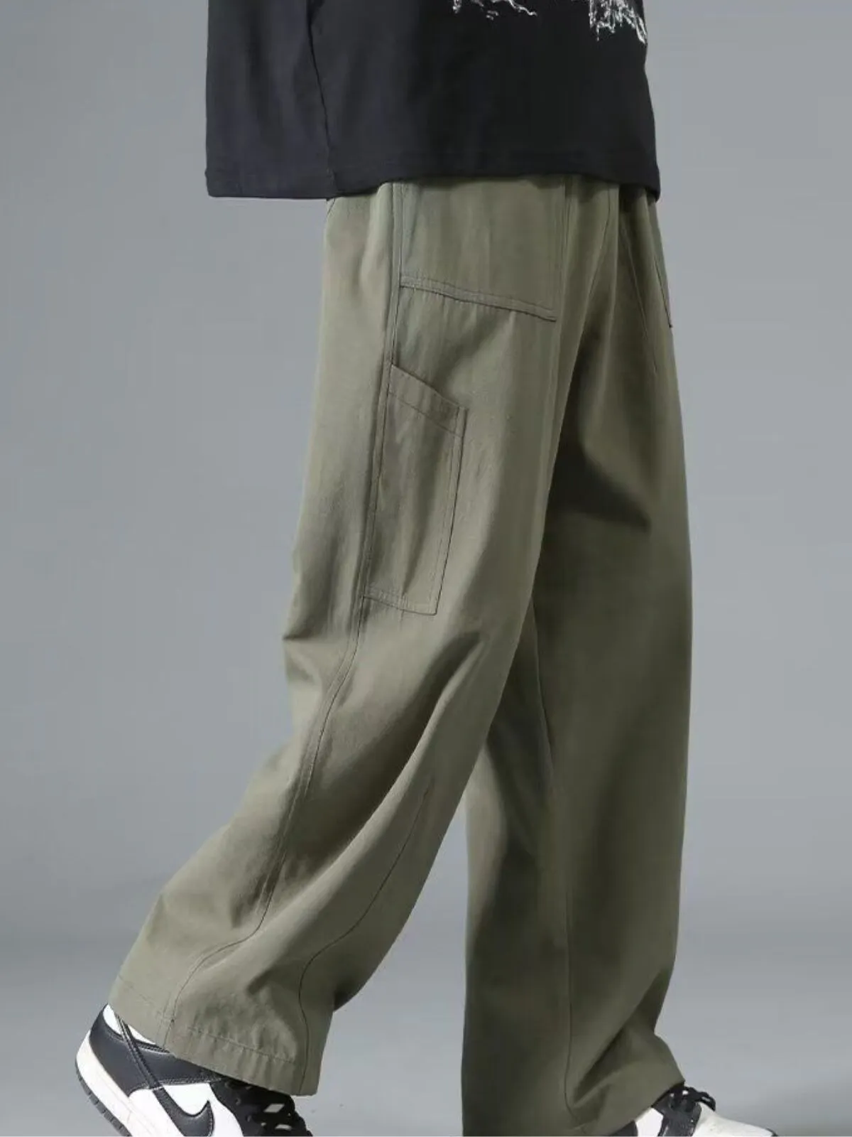 Men's Cargo Pants Loose Wide Leg Solid Color Elastic Waist Thin Fake Pockets Full Length Streetwear Deep Crotch Daily Long Trousers, 2 of 4