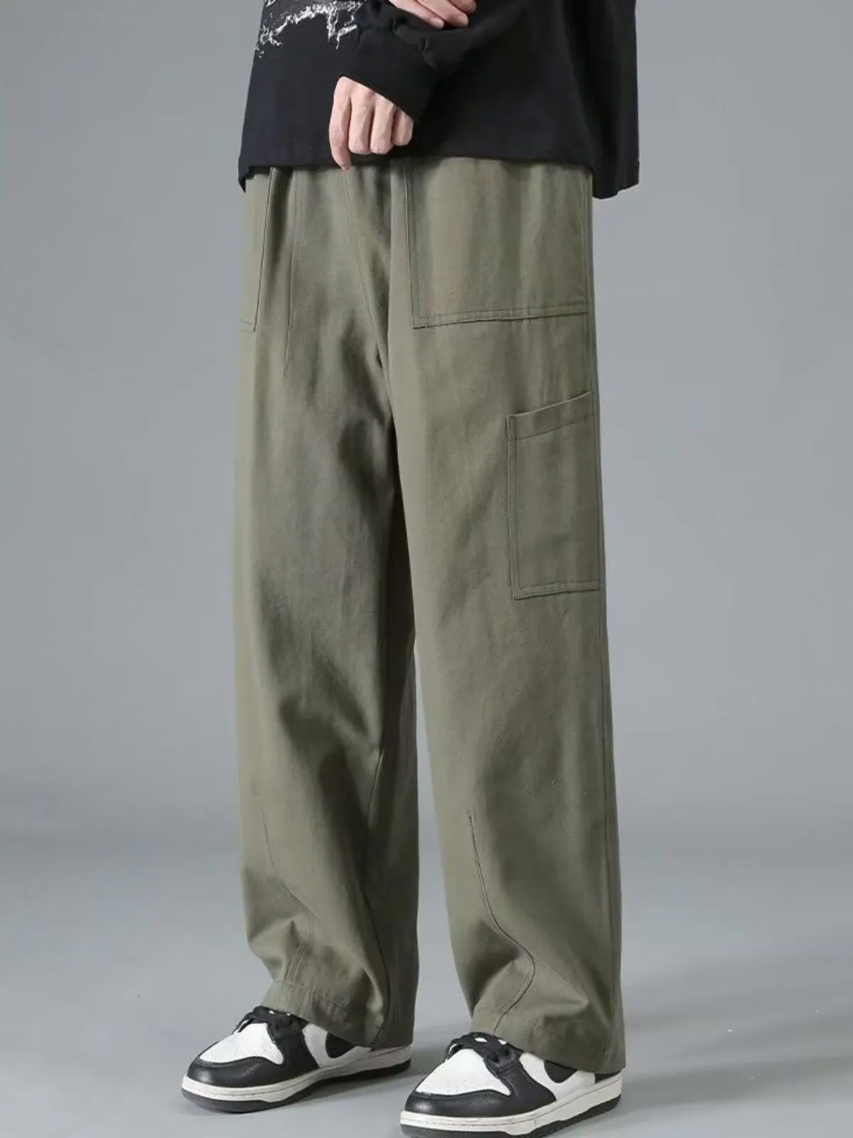 Men's Cargo Pants Loose Wide Leg Solid Color Elastic Waist Thin Fake Pockets Full Length Streetwear Deep Crotch Daily Long Trousers, 3 of 4