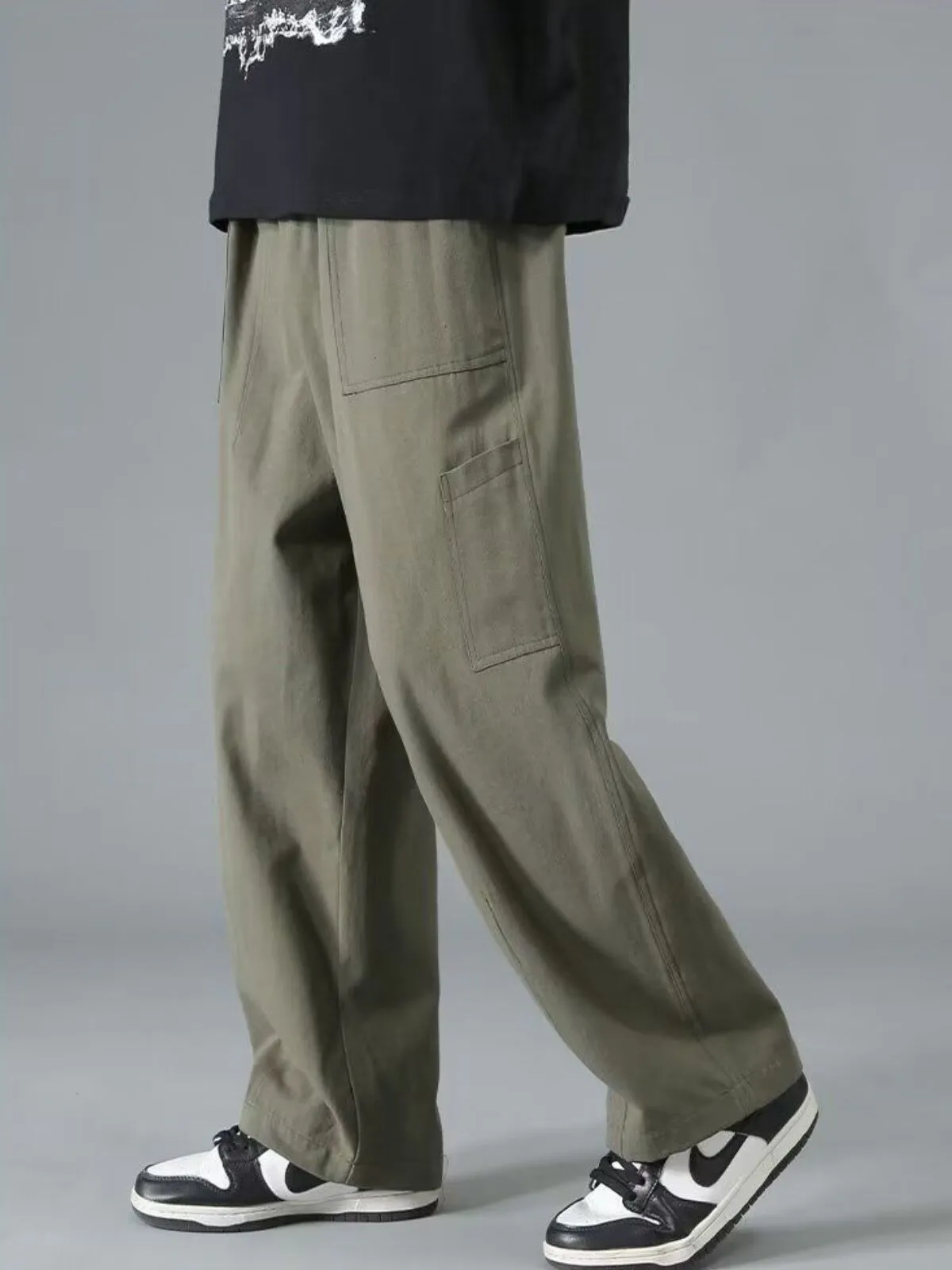 Men's Cargo Pants Loose Wide Leg Solid Color Elastic Waist Thin Fake Pockets Full Length Streetwear Deep Crotch Daily Long Trousers, 4 of 4