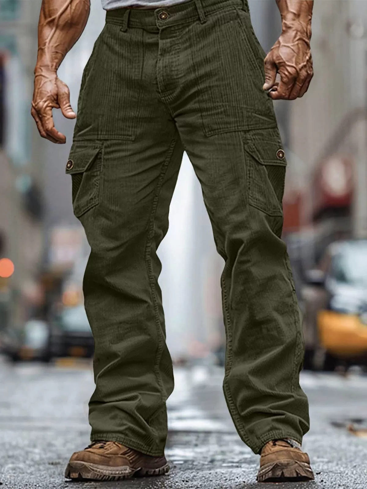 Men's Cargo Pants Corduroy Regular Fit Casual Work Multiple Pockets Trousers, 1 of 4