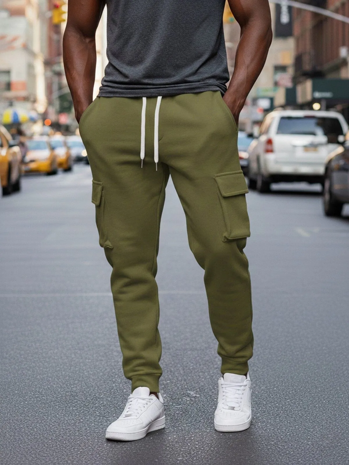 Men's Cargo Pants Solid Color Jogger Everyday Wear Comfortable Flat Front Design with Side Pockets for Daily Use, 1 of 7