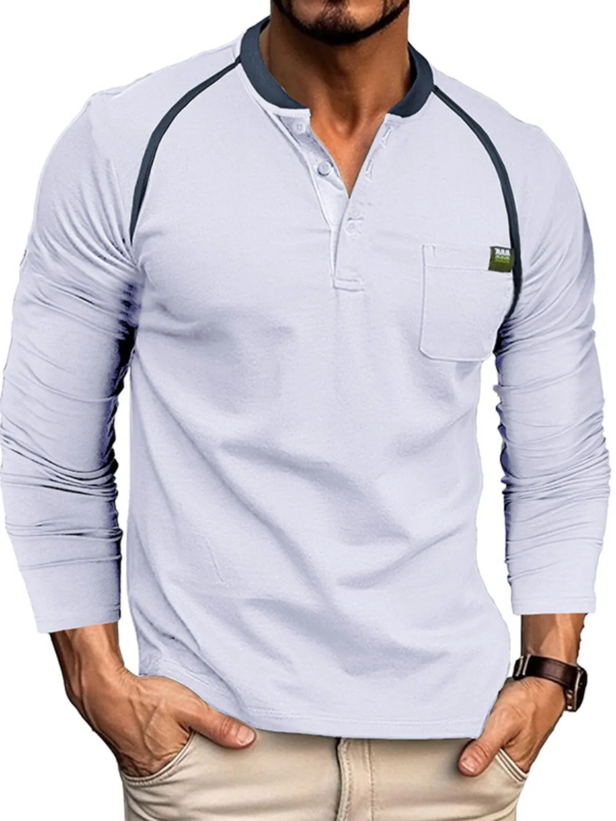 Men's Henley Shirt Cotton Pullovers Color Matching Buttons Round Neck Breast-Pocket Stylish Daily Casual Menswear, 1 of 4