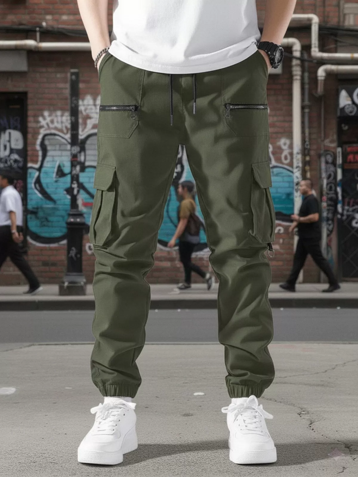 Men's Cargo Pants Fall Loose Flap Pocket Side Drawstring Waist Cargo Pants, 1 of 3