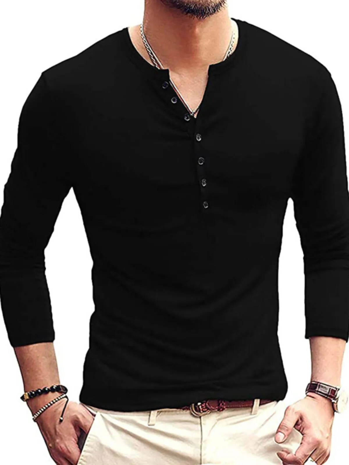 Men's Henley Shirt Solid Color Stretchy Pullover Slim V- Neck Cotton Button Stretchy Tops, 1 of 4