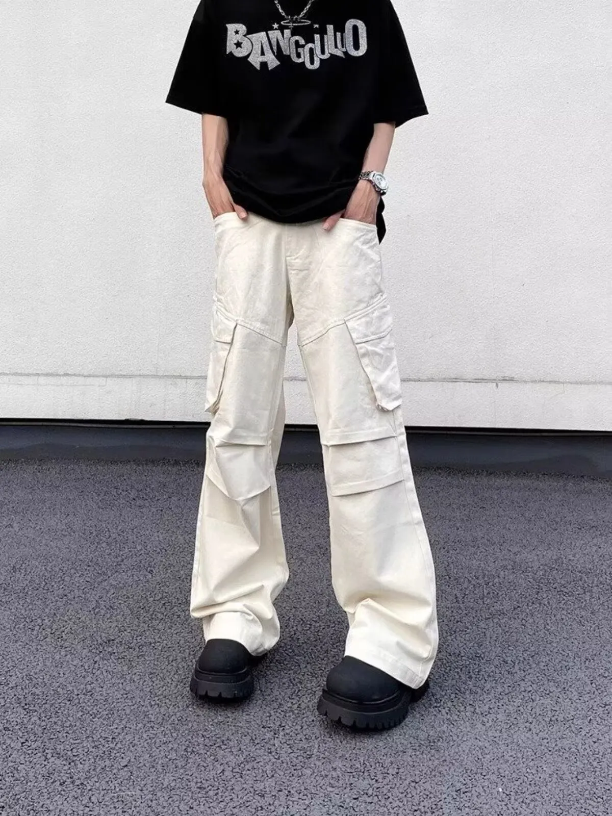 Men's Cargo Pants Unfashionable Vintage Work Casual Loose Vibe Pipe Trousers with Pockets and Ruffles, 12 of 12