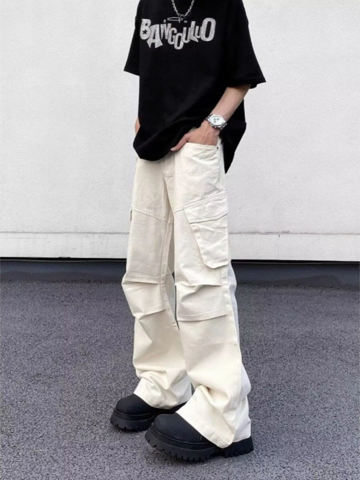 Men's Cargo Pants Unfashionable Vintage Work Casual Loose Vibe Pipe Trousers with Pockets and Ruffles, 2 of 12