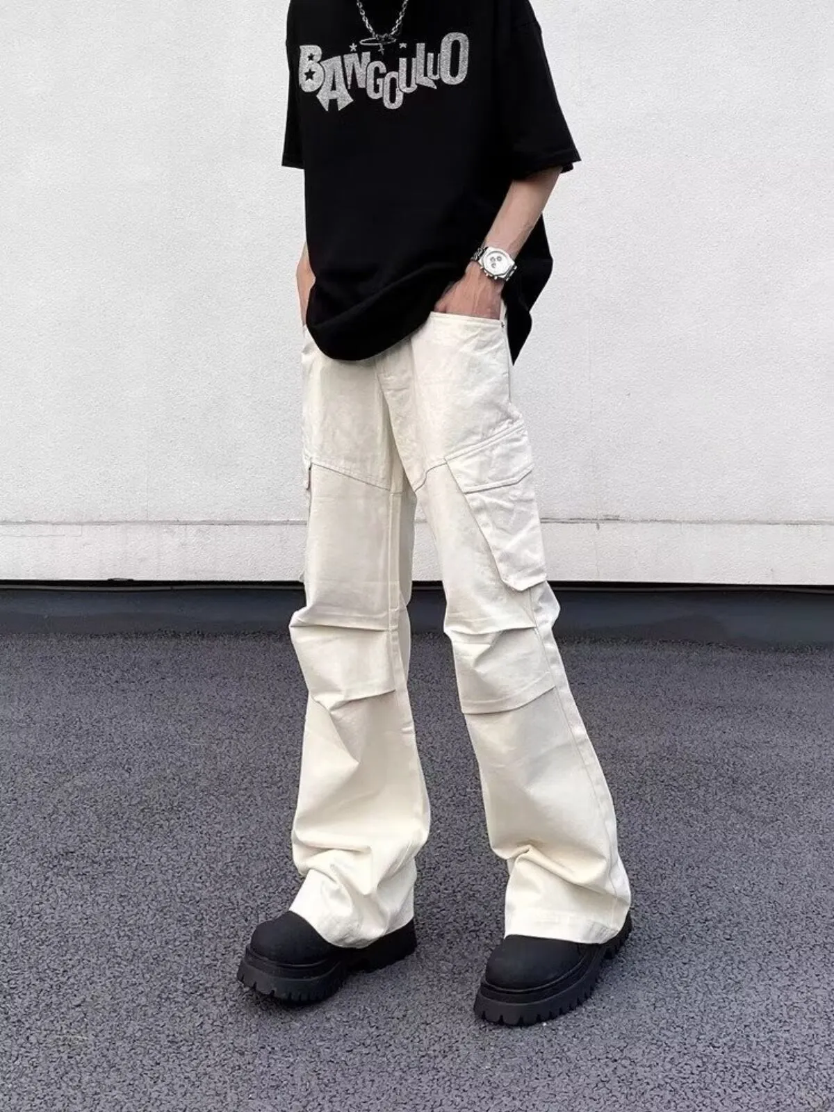 Men's Cargo Pants Unfashionable Vintage Work Casual Loose Vibe Pipe Trousers with Pockets and Ruffles, 3 of 12