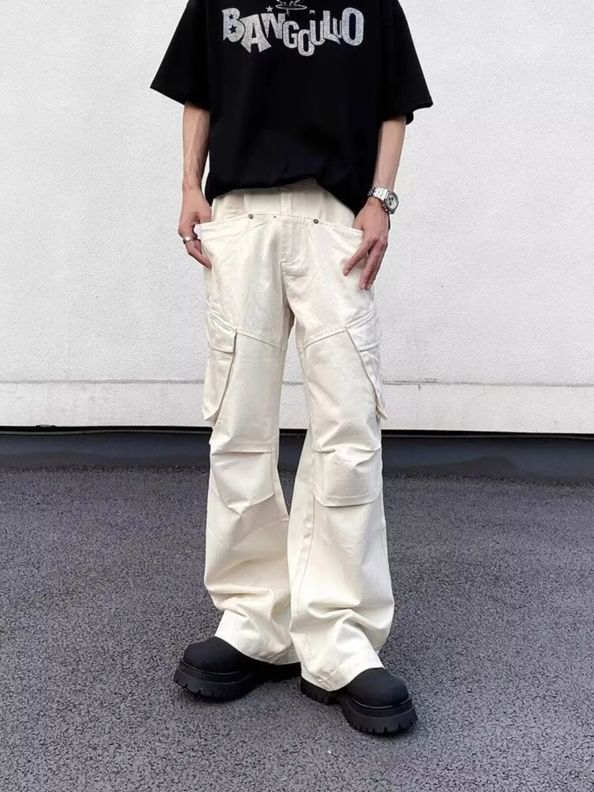 Men's Cargo Pants Unfashionable Vintage Work Casual Loose Vibe Pipe Trousers with Pockets and Ruffles, 4 of 12