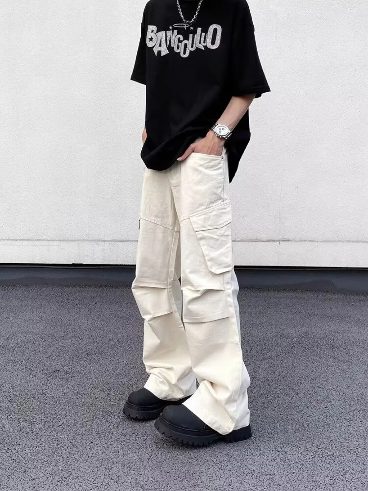 Men's Cargo Pants Unfashionable Vintage Work Casual Loose Vibe Pipe Trousers with Pockets and Ruffles, 6 of 12