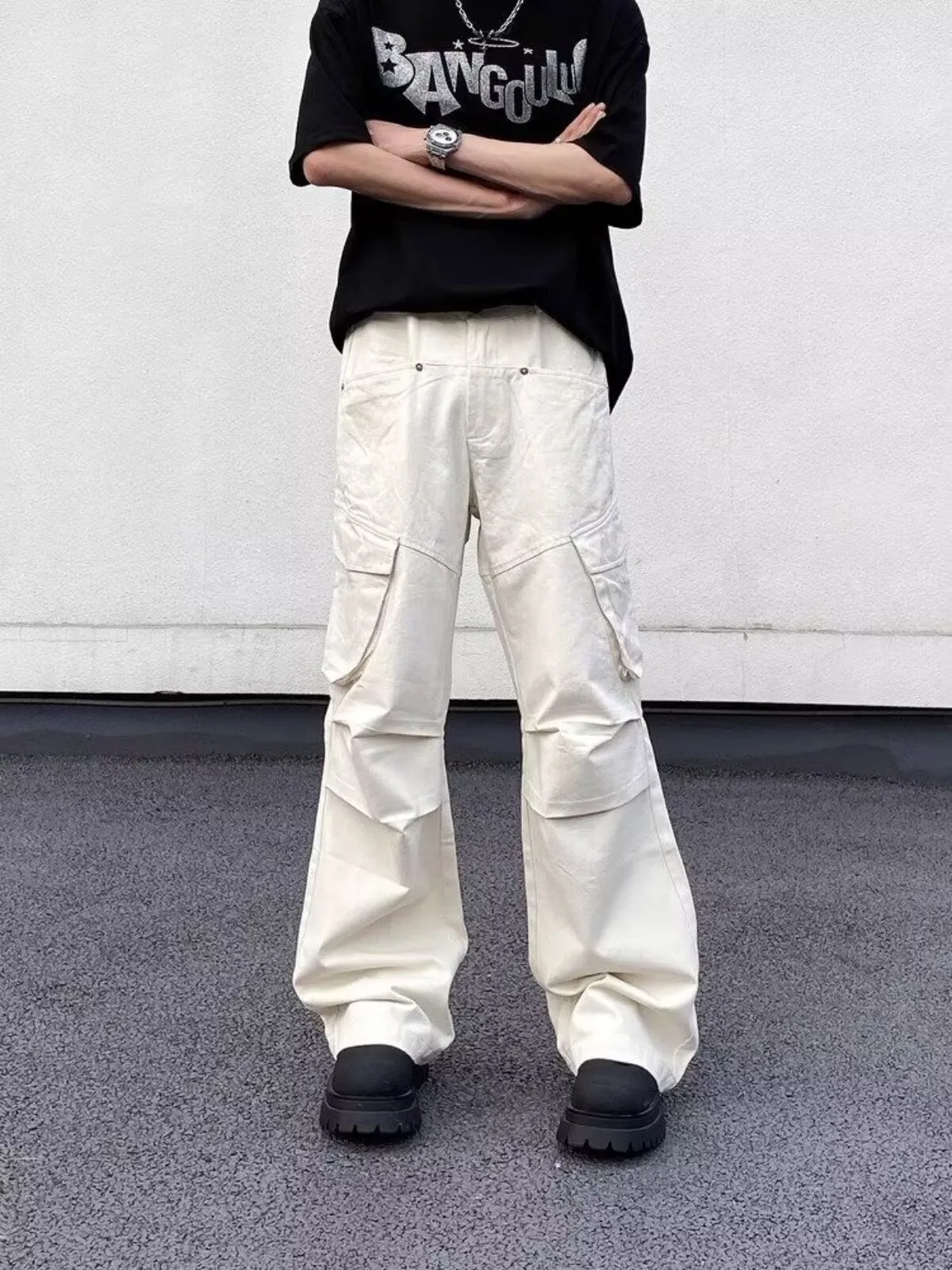 Men's Cargo Pants Unfashionable Vintage Work Casual Loose Vibe Pipe Trousers with Pockets and Ruffles, 9 of 12