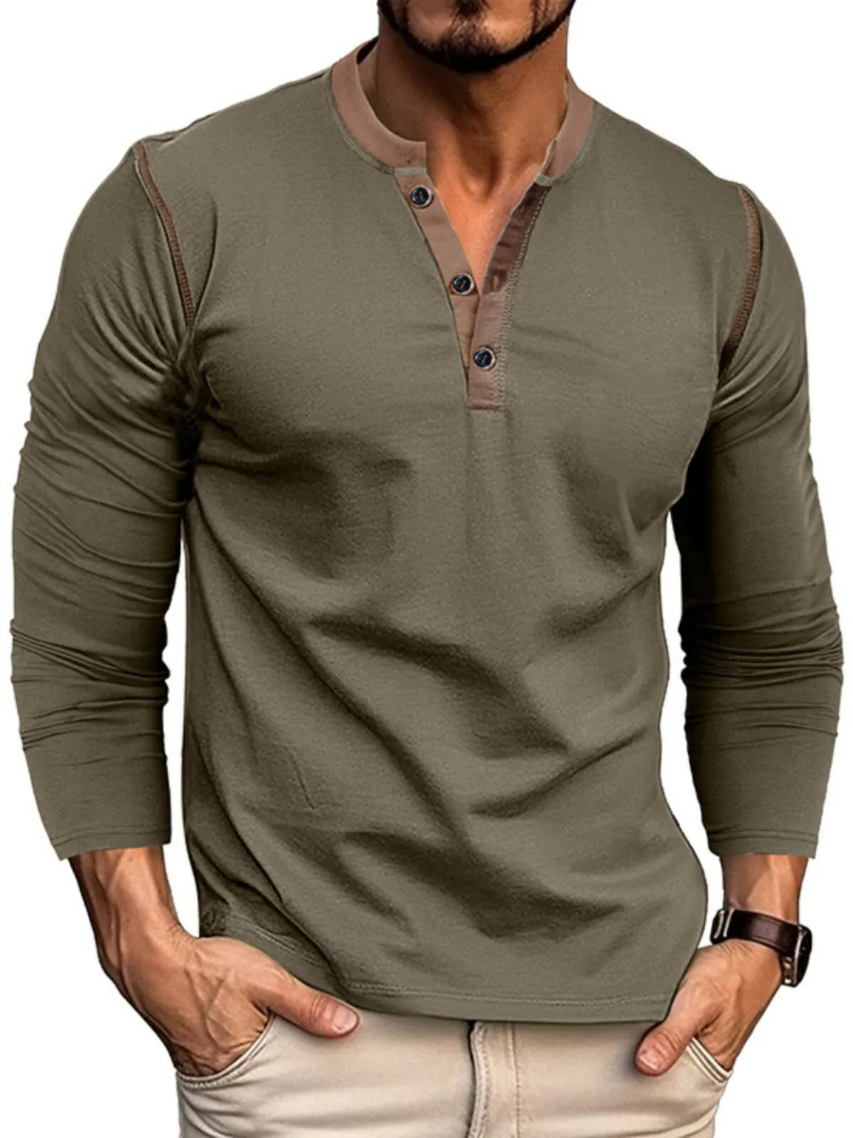 Men's Henley Shirt Fashion Solid Color Loose Collar Spring High Quality Casual Business Tops, 1 of 7
