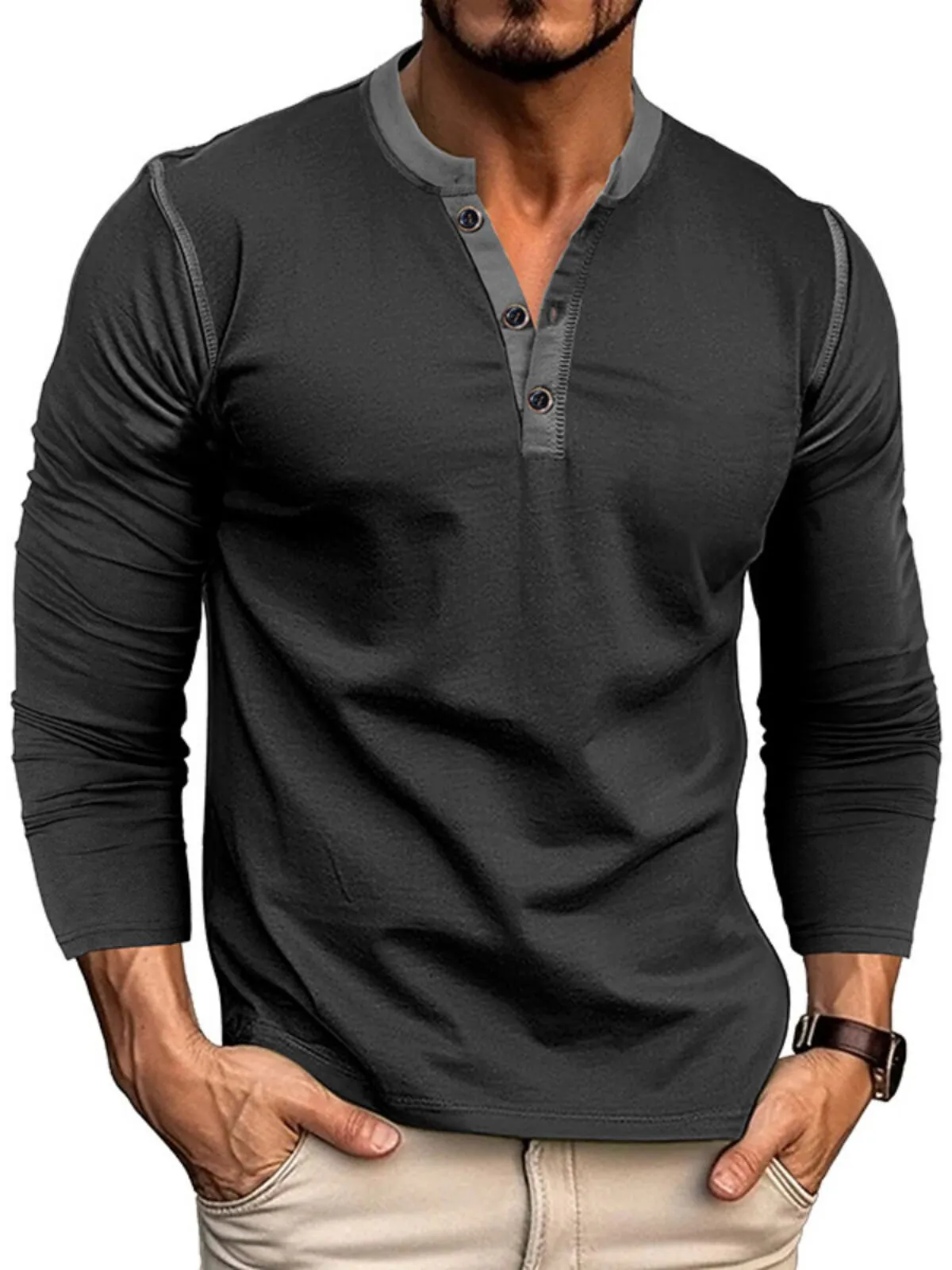 Men's Henley Shirt Round Neck Softness Long Sleeve Casual Fashion Pullover 3-Button Basic Sweatshirt, 1 of 7