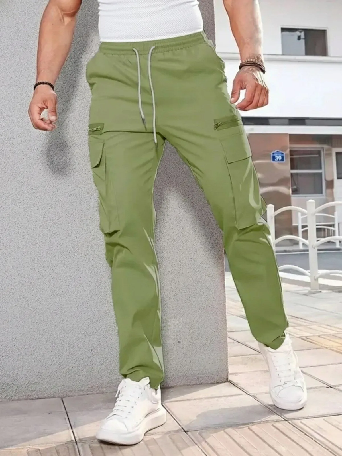 Men's Cargo Pants Casual Lightweight Elastic Waist Drawstring Solid Color Comfortable Waterproof Sports Pants with Pocket, 1 of 3