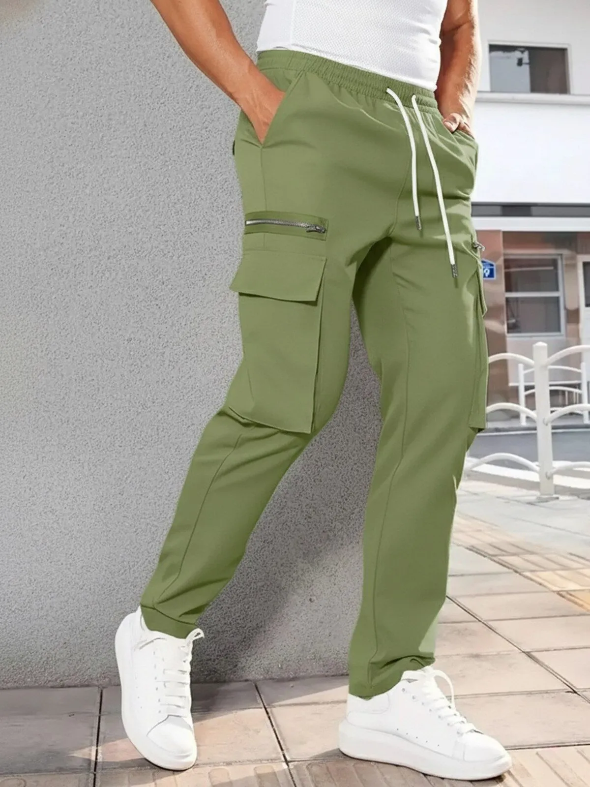 Men's Cargo Pants Casual Lightweight Elastic Waist Drawstring Solid Color Comfortable Waterproof Sports Pants with Pocket, 3 of 3