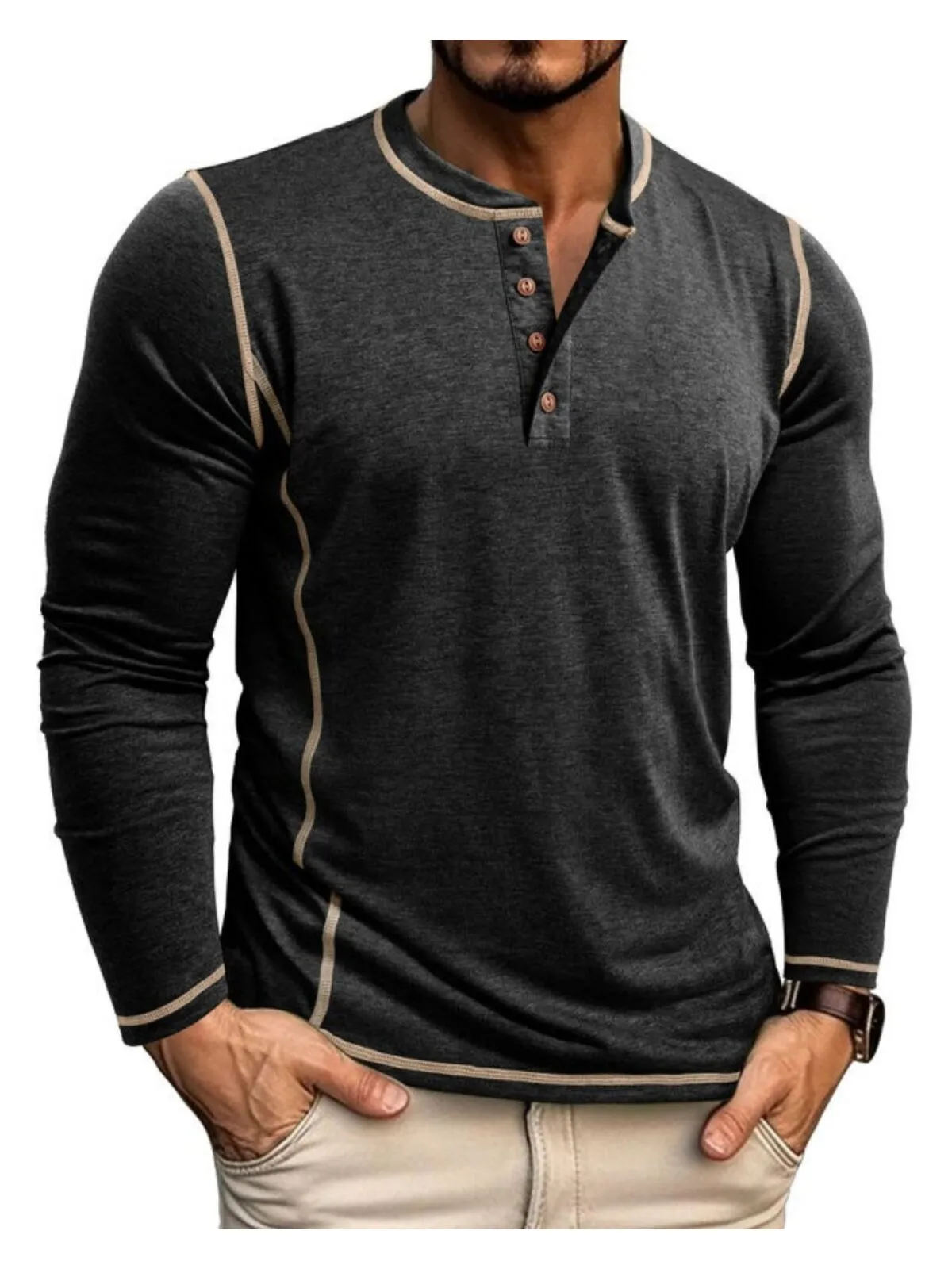 Men's Henley Shirt Hiking Long Sleeve Outdoor Breathable Polyester Tennis Golf Running Tops, 1 of 5