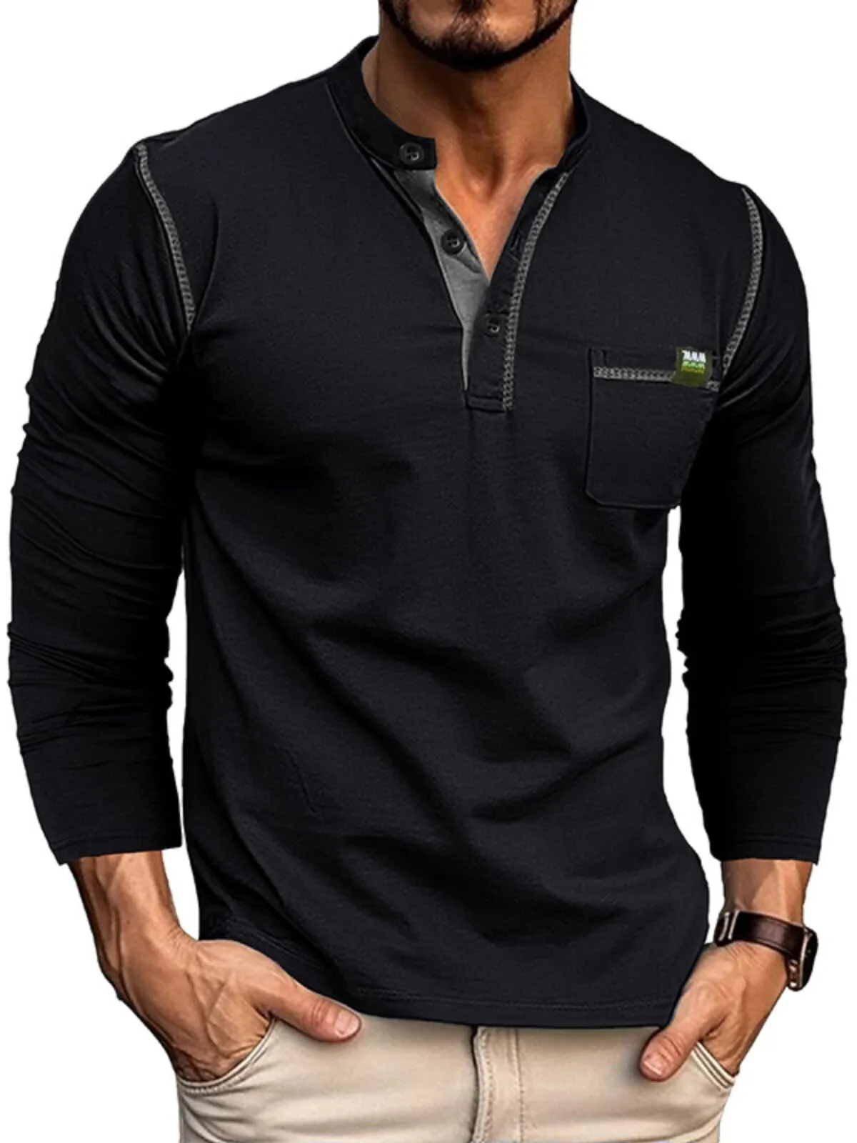 Men's Henley Shirt Long Sleeves Cotton Pullovers Color Matching Knitted Buttons Breast-pocket Stylish Daily Casual Menswear, 1 of 4