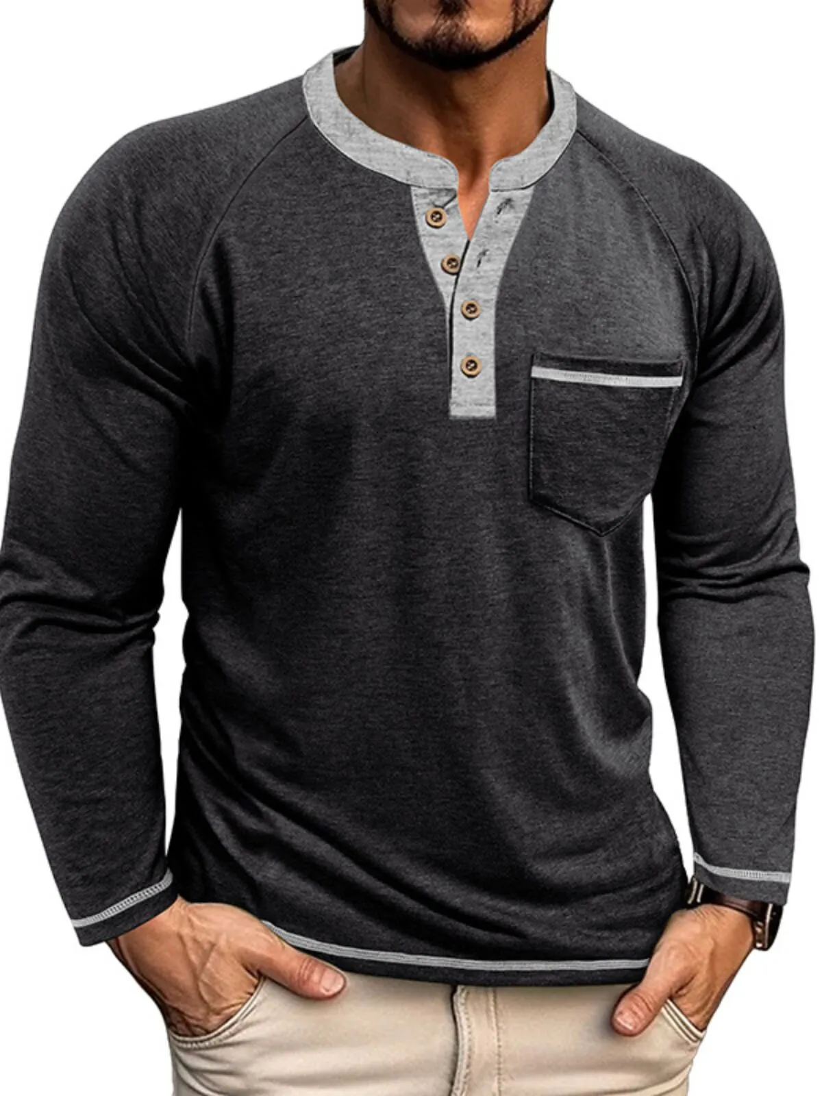 Men's Henley Shirt Fashion Long Sleeve Button Down Lightweight Shirt With Pocket, 1 of 3