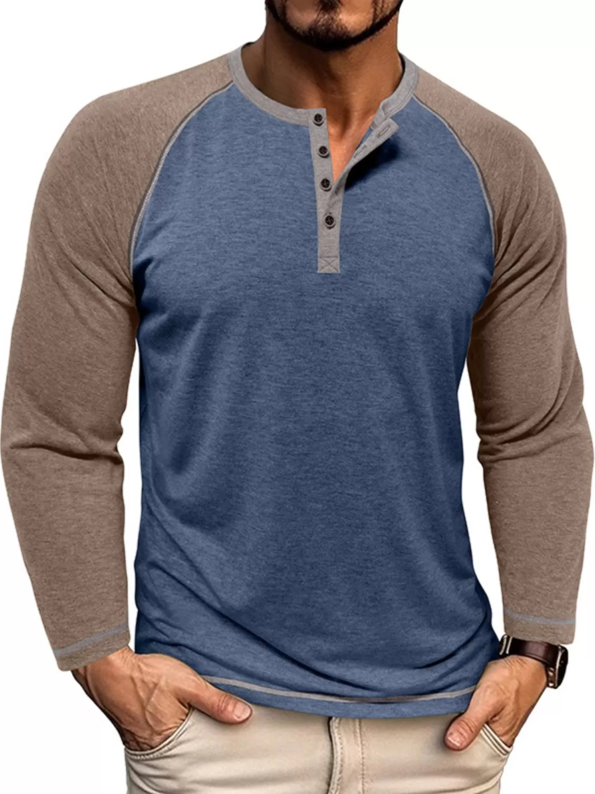 Men's Henley Shirt Baseball Color Block Design Basic Bohemian Raglan Sleeve Outdoor Casual Daily Autumn Tops, 1 of 3