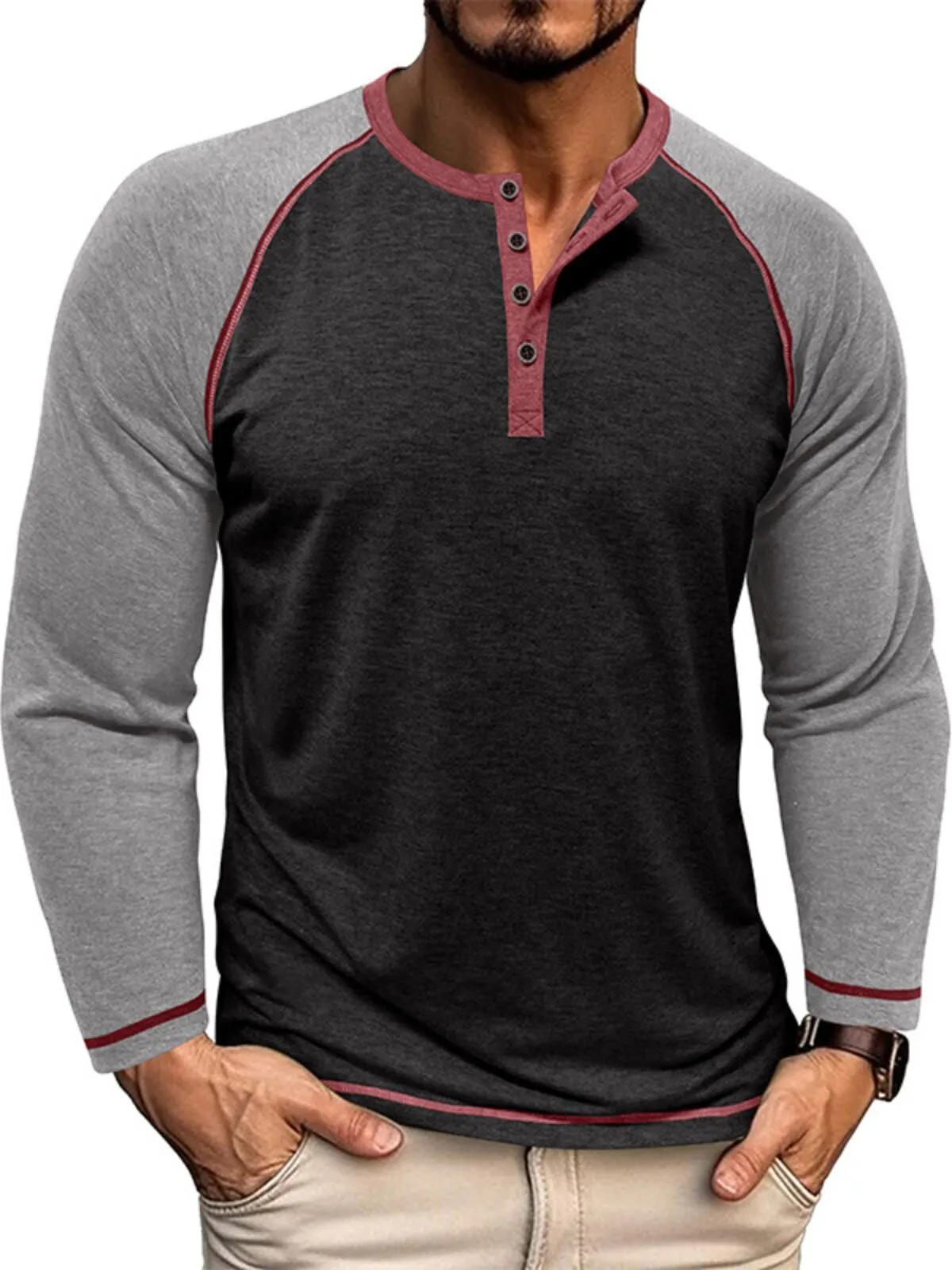 Men's Henley Shirt Fall Crewneck Color Block Slim Fit Long Sleeve Casual Cotton 3-Button Shirt, 1 of 2
