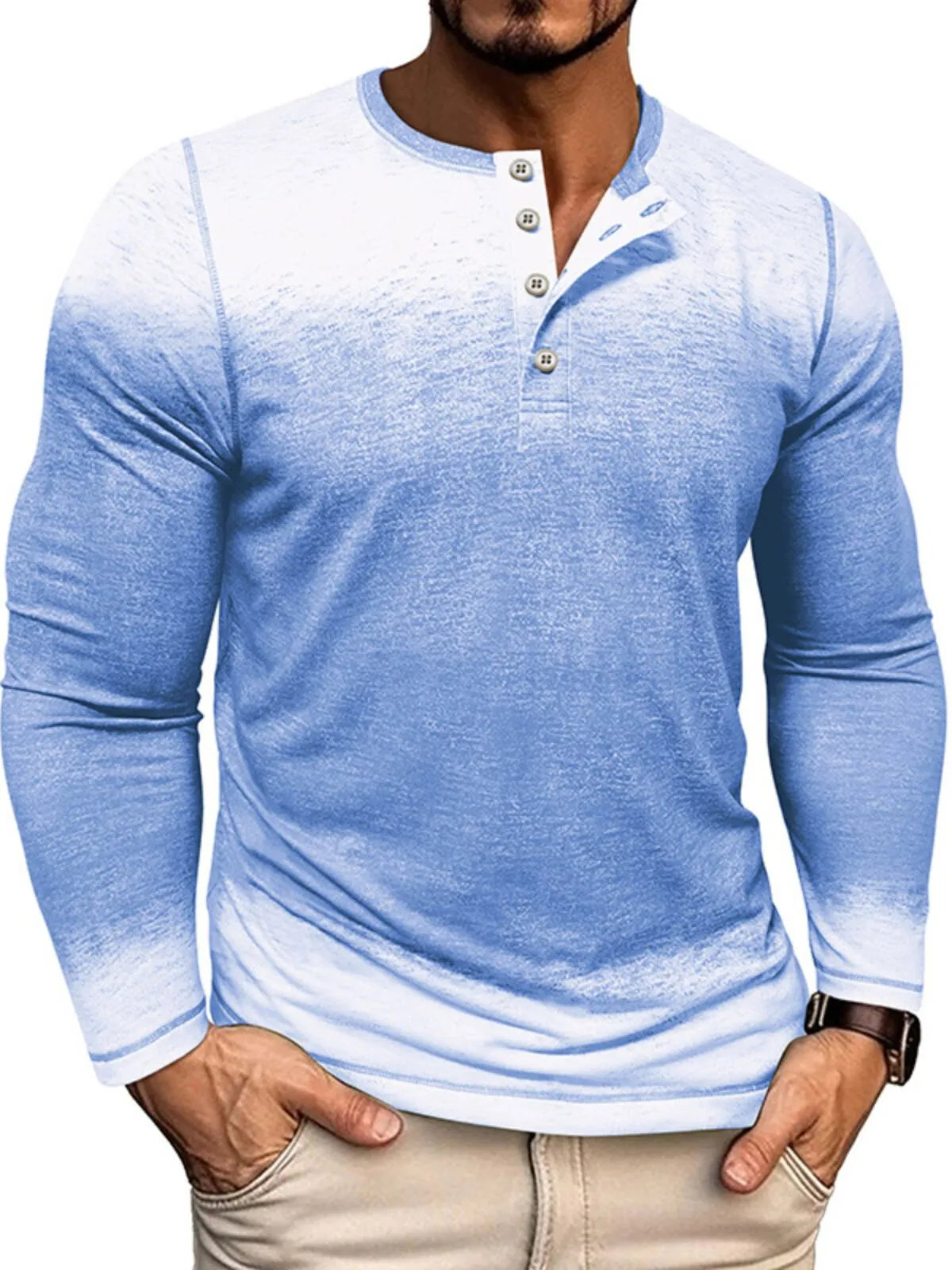 Men's Henley Shirt Autumn and Winter New Round Neck Retro Printed Three-button Casual Loose Versatile Top, 1 of 3